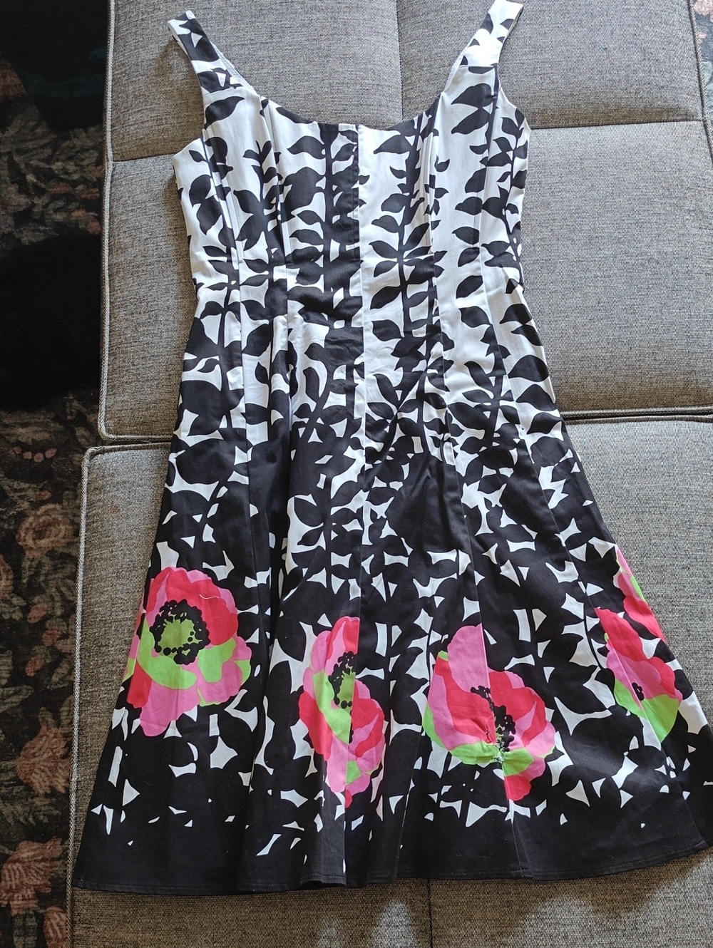 Nine West Black & White Midi Dress with Pink & Green Floral Hem
